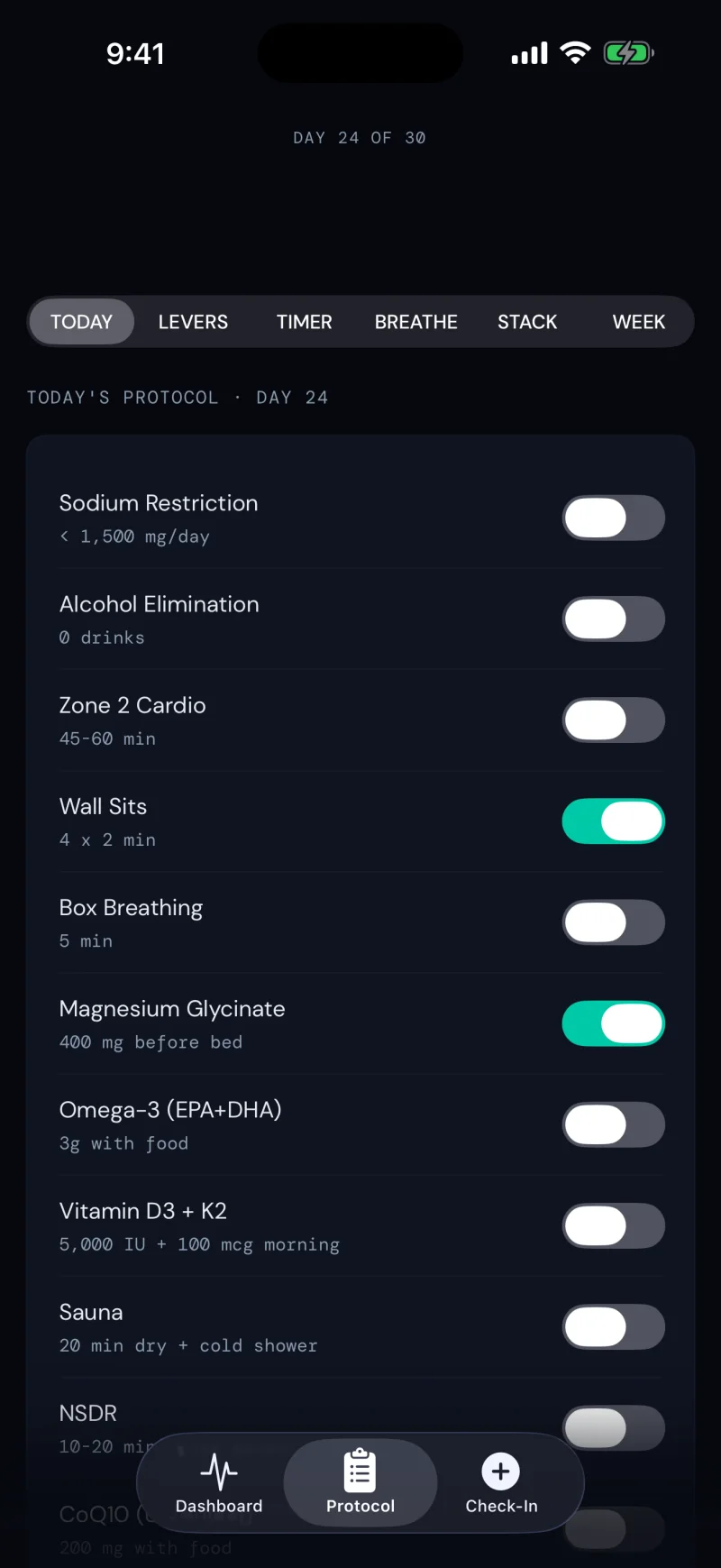 Today's protocol on day 24: a checklist of levers such as sodium restriction, wall sits, box breathing and magnesium glycinate with toggles