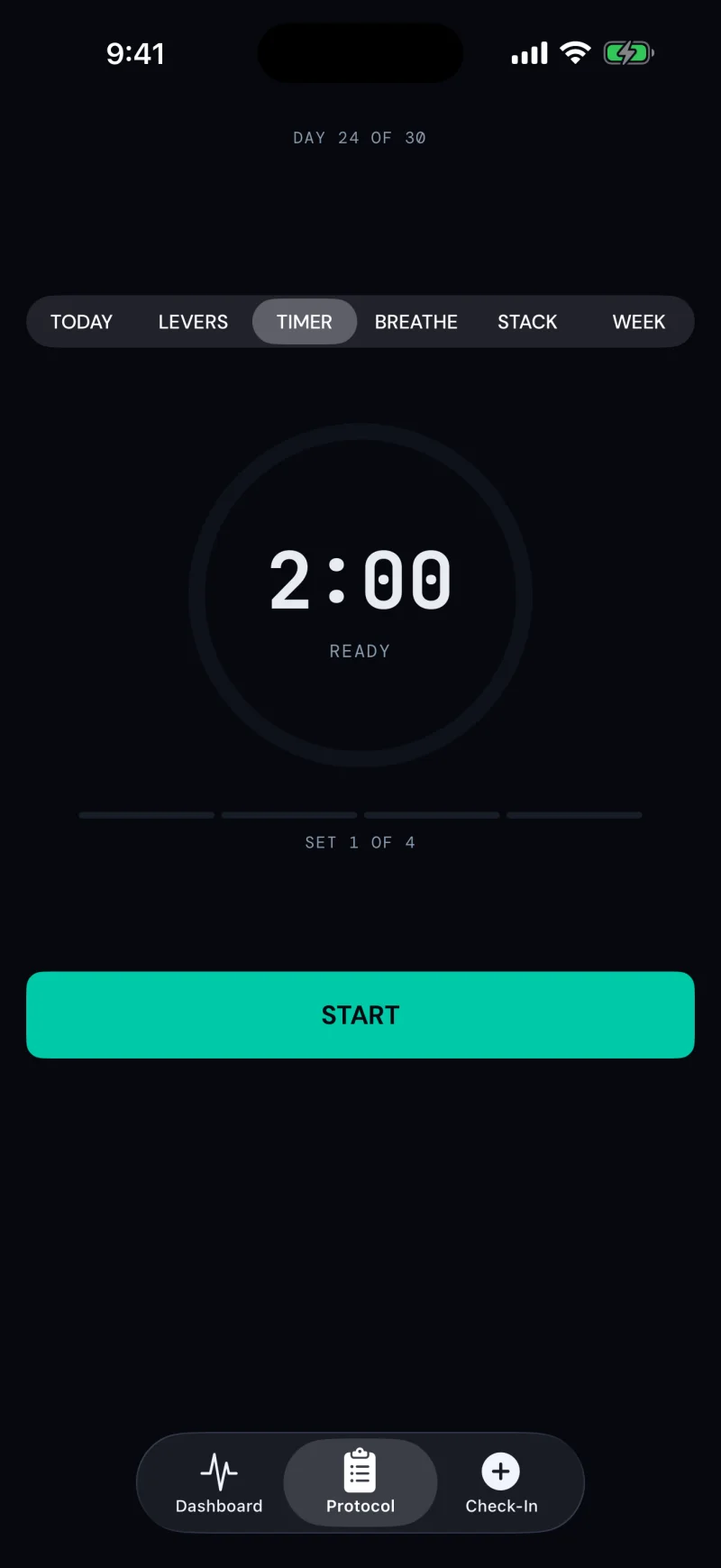 Isometric timer ready at 2:00, set 1 of 4, with a start button